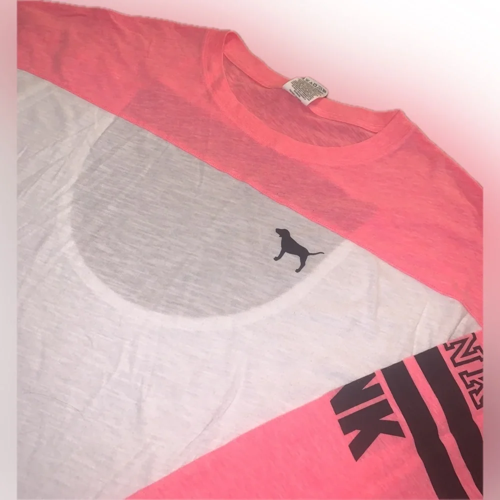 PINK Victoria's Secret Open Back Oversized Hot Neon PinkWhite Long Sleeve Tee XS - Picture 5 of 7